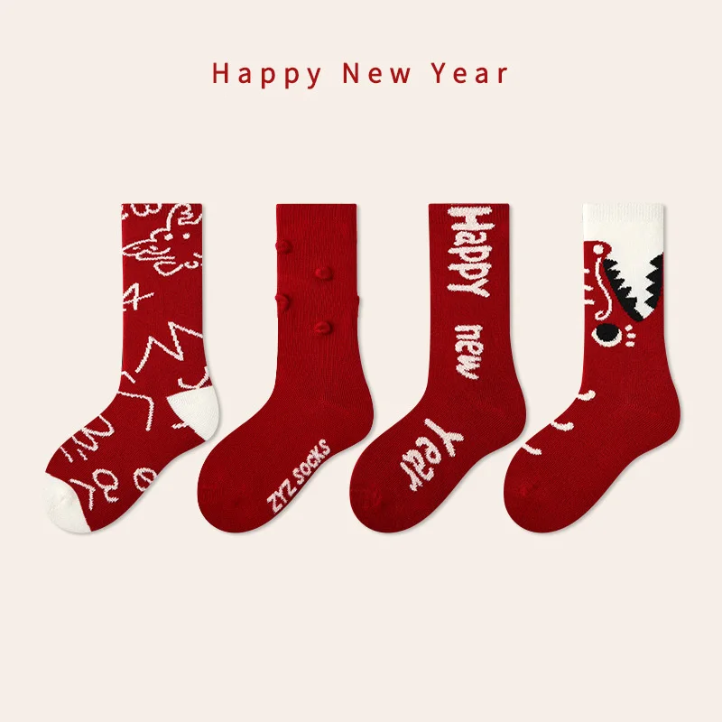 4 pair children's socks Children's New Year red socks Chinese New Year Chinese dragon spirit socks Cute cotton socks for kid