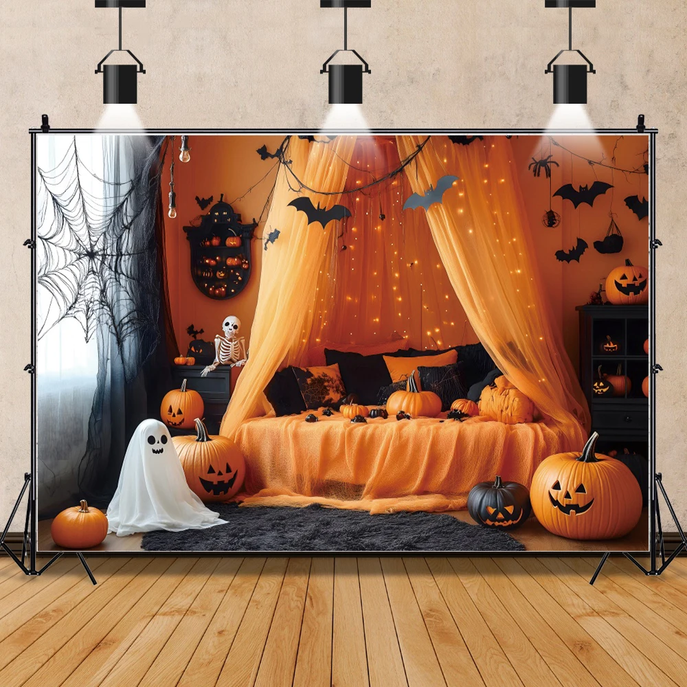 Halloween Orange Tent Pumpkin Backdrops for Photography Bat Scary Pumpkin Spider Web Bedroom Bed Background Photo Booth Props