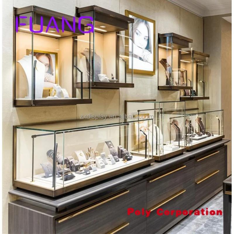 Custom  Popular jewelry shop interior design ideas wall display case cabinet for sale