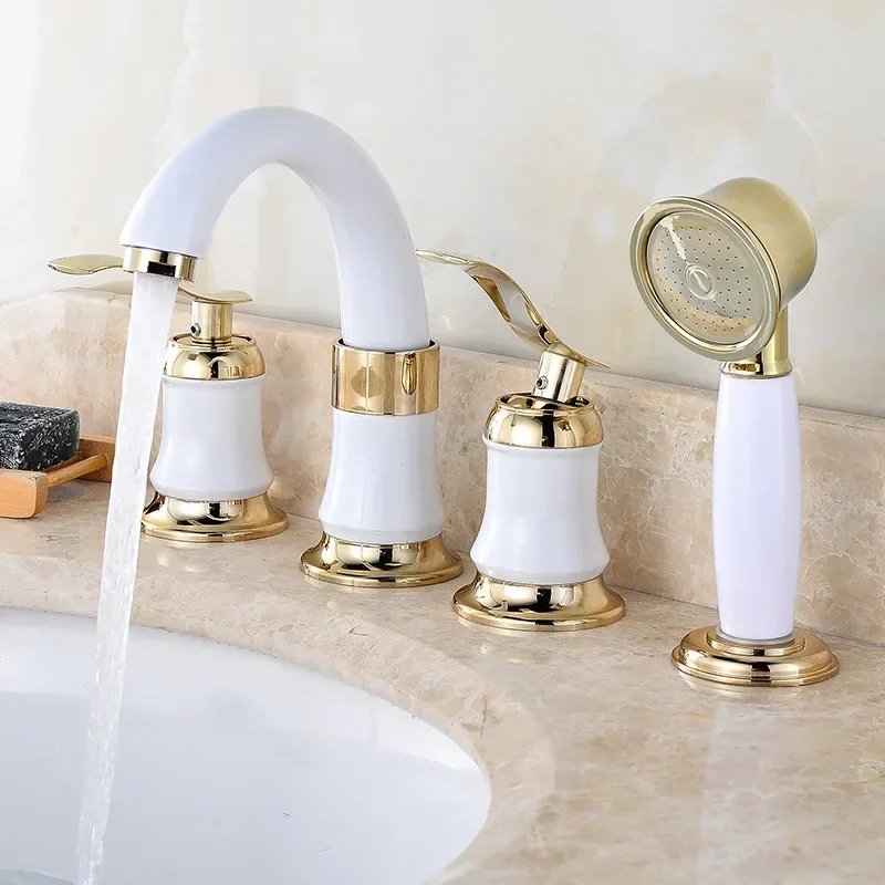 Double Handles Black Golden-Plated 4 Bathroom Wash Basin Faucet Sink Brass Vessel Bathtub Torneira Tap Mixer Faucet White