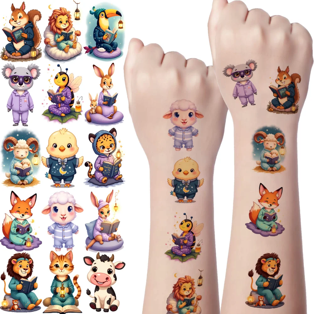 

54pcs Temporary Tattoo Animal Characters Waterproof Long-lasting Body Stickers Book Reading Cartoon For Shoulders Boys Arms