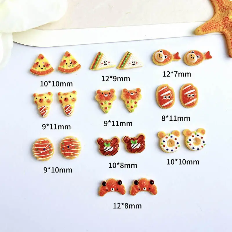30PCS Simulated Salad Bread Donut Nail Charms Creative Cute Bear Cowhorn Sandwich Desserts Resin Nail Art Decorations DIY Nails