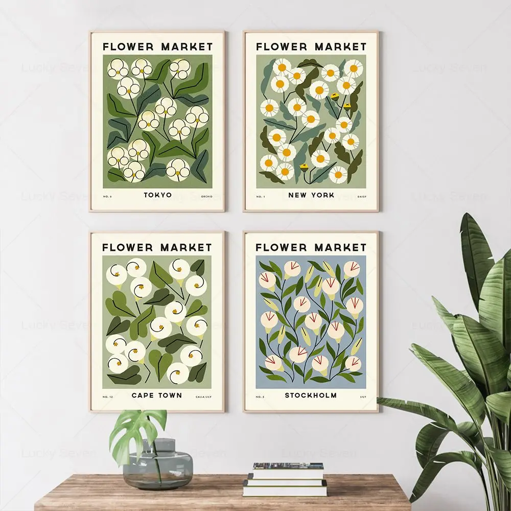 زهرة السوق مدينة الملصقات يطبع مجردة النباتية جدار الفن الملونة قماش اللوحة الشمال صورة لغرفة المعيشة ديكور المنزل