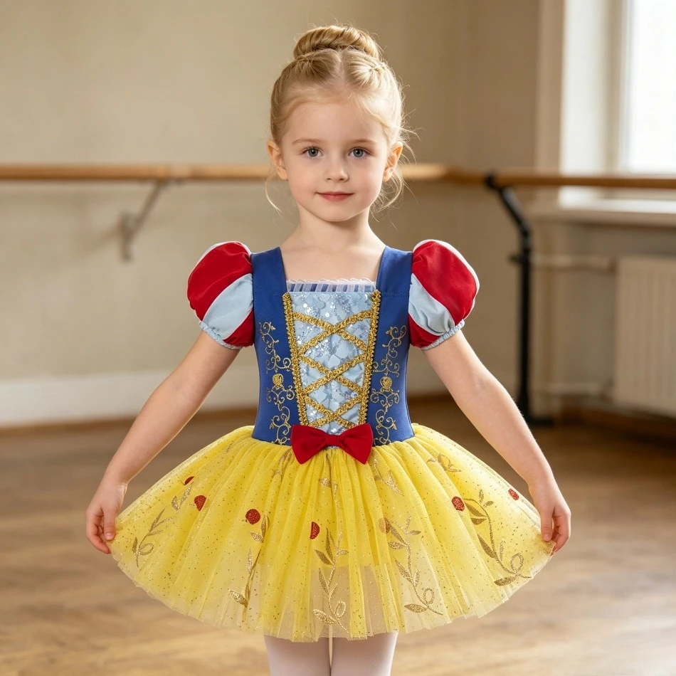 Kids Puff Sleeve Embroidered Tulle Ballet Tutu Dress Multi Colors Girls Dancewear for Competition and Holiday Dress Up XMZ65
