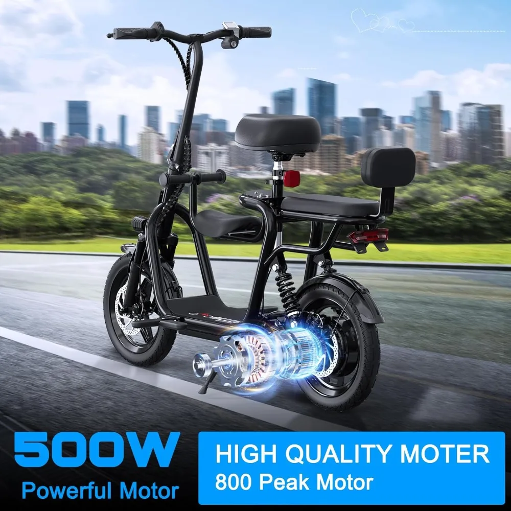 Electric Scooter with Seats for Adults Power by 500W Motor 800W Peak, E Bike with 14