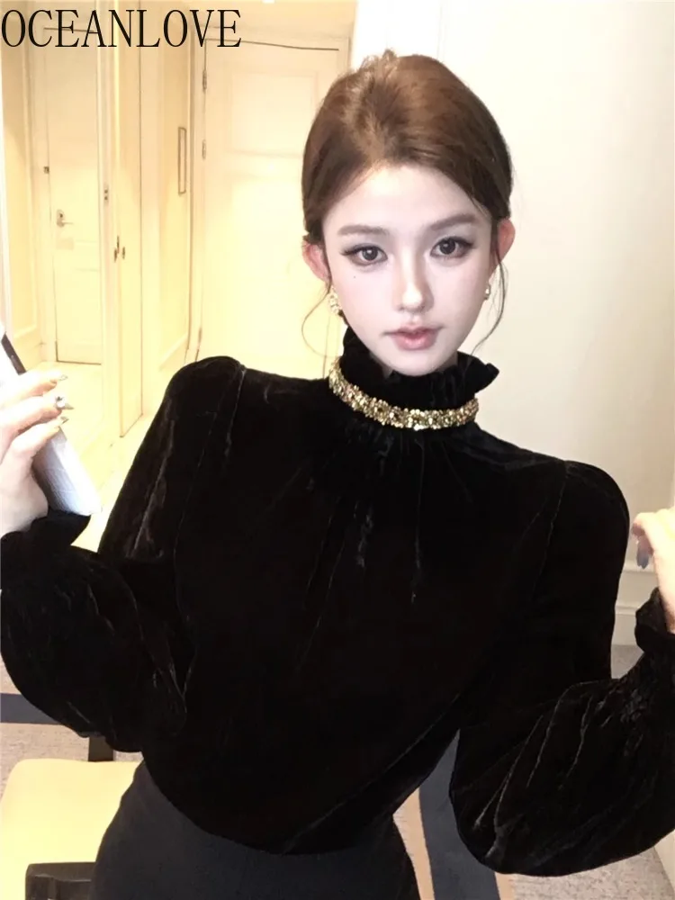 

OCEANLOVE Velvet Shirts&blouses Black Ruffles Autumn Winter Korean Fashion Blusas Mujer Sequins Solid Retro Elegant Camisas