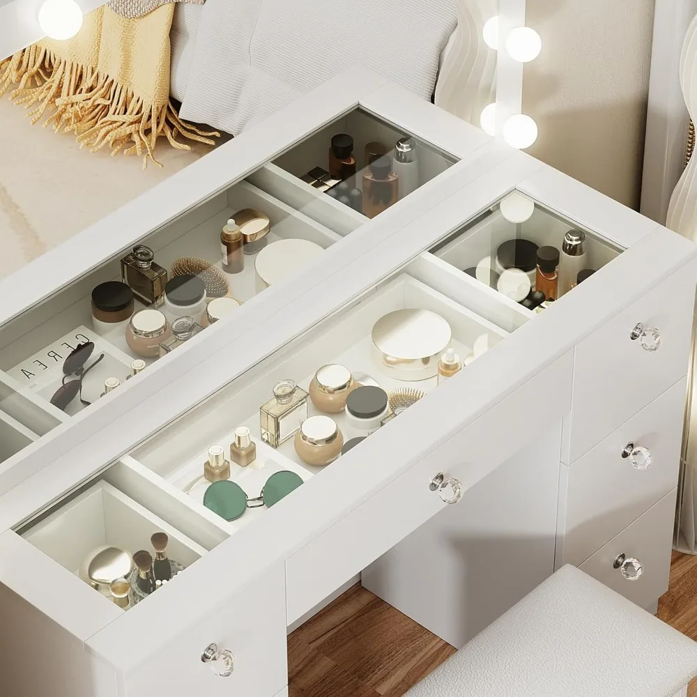 Makeup vanity with glass top, 7 drawers and power sockets, 3 color lighting modes with adjustable brightness image 3
