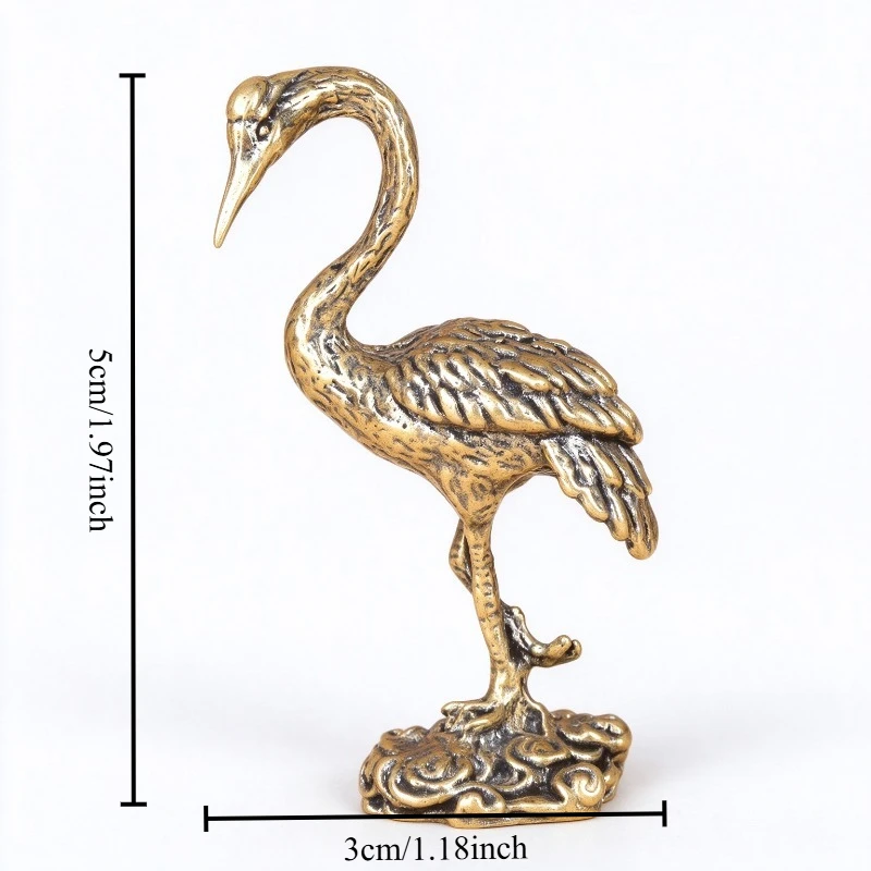 Brass Crane Figurine Retro Red-crowned Crane Statue Cloud Base Desktop Ornament Vintage Craft Collectible Table Decor Gift