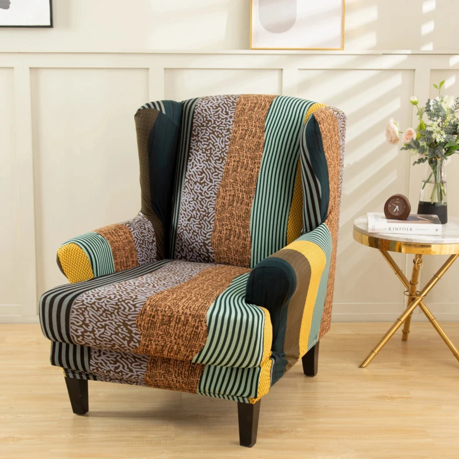 High Back Geometric Wing Chair Cover, Stretch Spandex Nordic Armchair Covers with Removable Cushion Cover, Relax Sofa Slipcovers