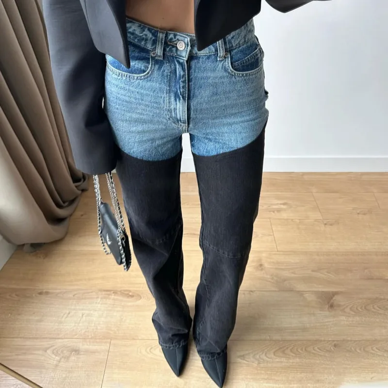 ANJY 2025 Wiosna Jesień Nowe Damskie Modne Jeansy Proste z Blokami Kolorów i Patchworkiem, Styl Uliczny, Casualowe, Postarzane Spodnie Denimowe A15988