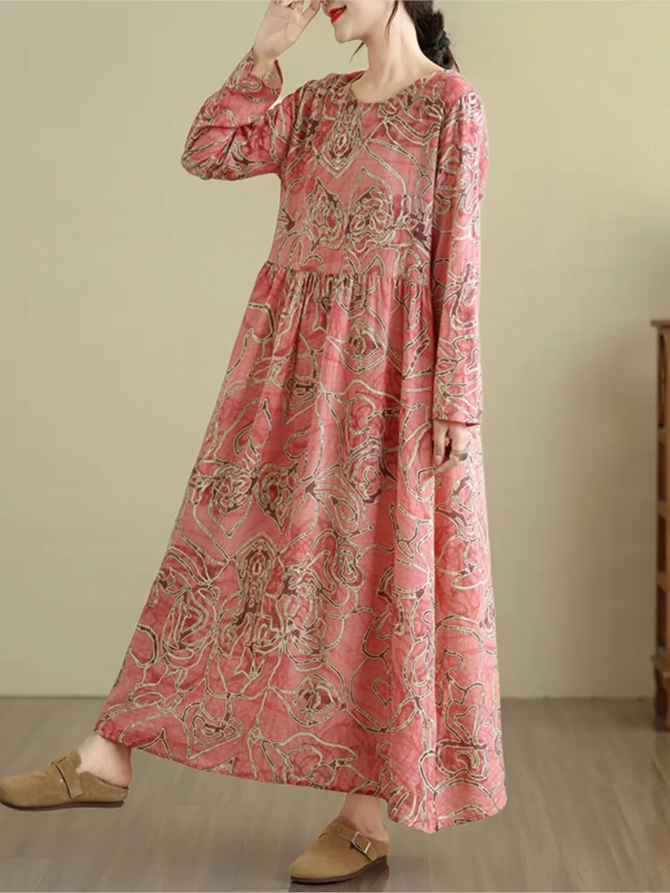 Damska sukienka oversize w paski i kwiaty na wiosnę i jesień, modna, luźna, z falbankami i plisami, codzienna długa sukienka damska.