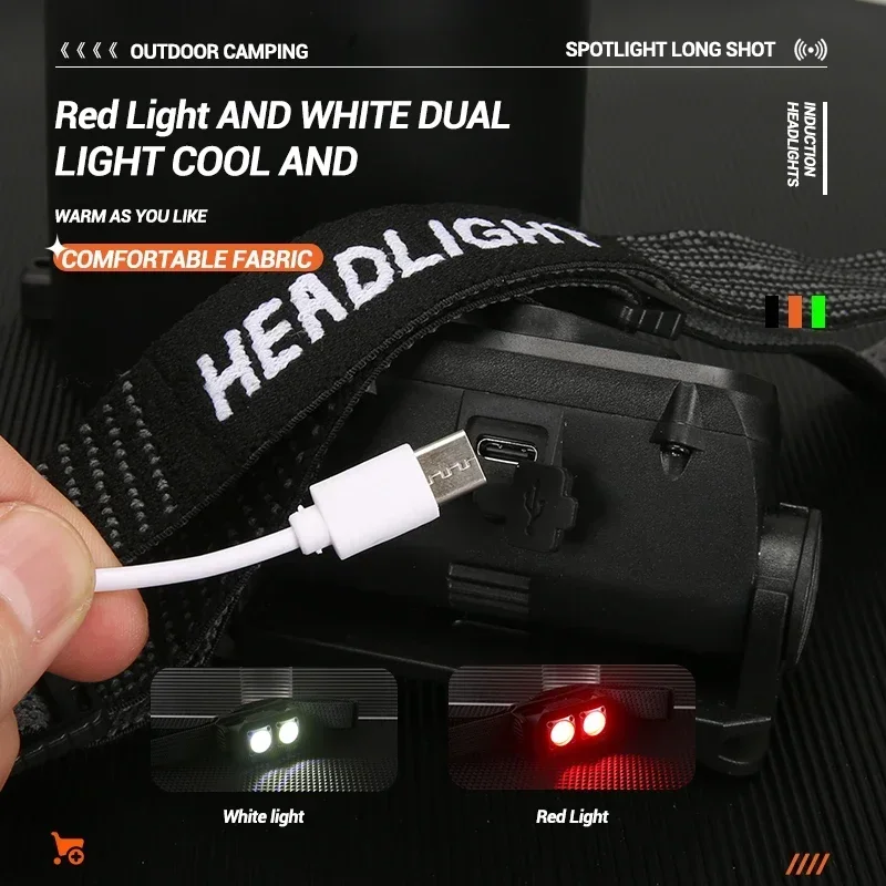 Intelligent Induction COB Headlight Red Light Warning LED Light Portable Headlamp USB Rechargeable Head Lamp Waterproof