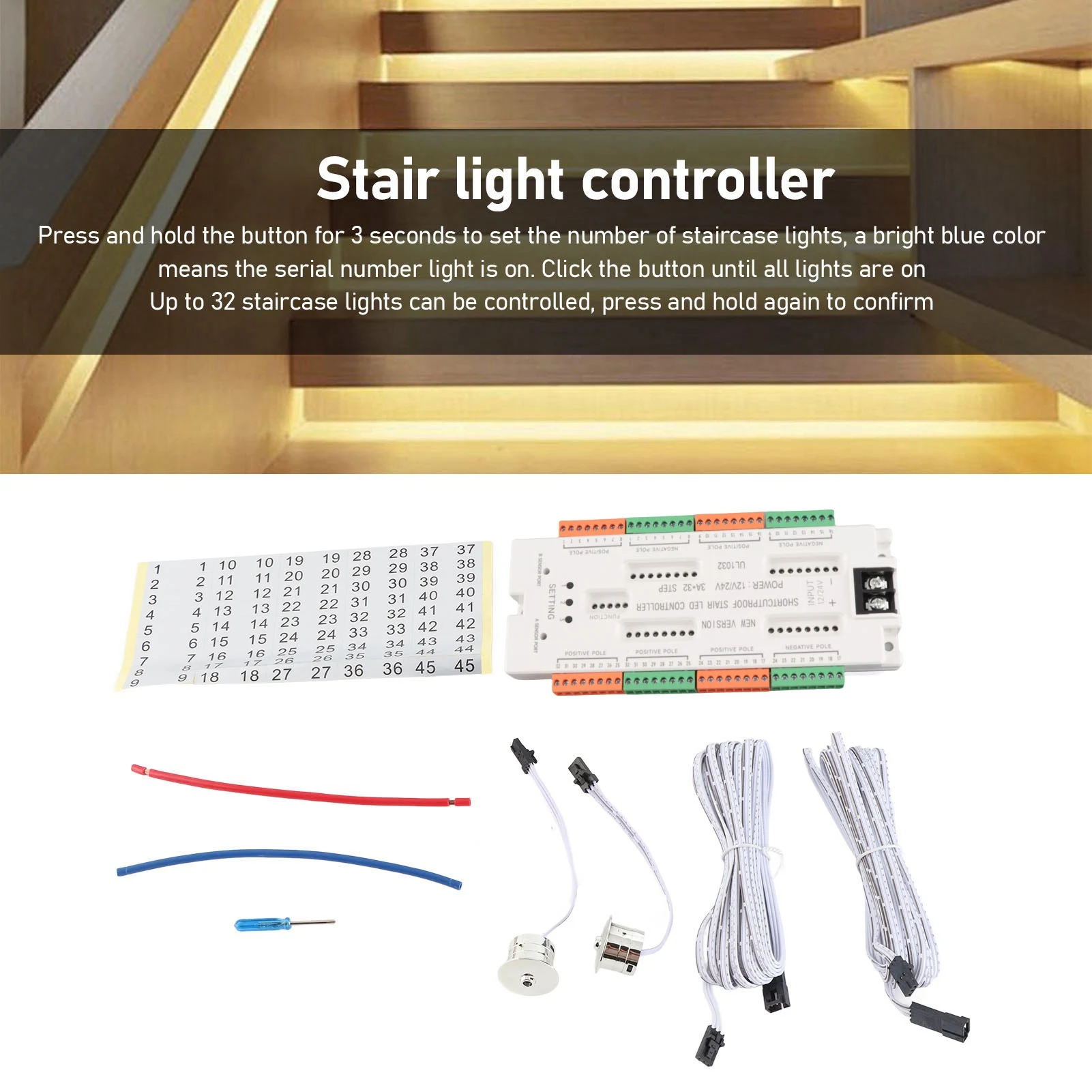 Motion Sensor LED Stair Light Controller Intelligent Automatic Cascaded Staircase Ladder Step Lighting Control System Kit