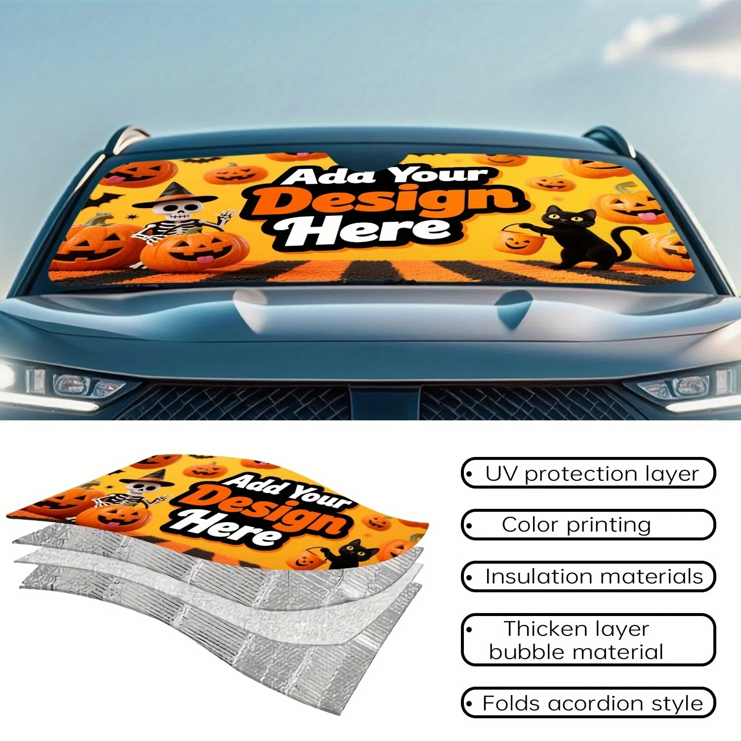 1pc,Car Sun Visor, Customizable Halloween Decorations Pumpkin Skeleton Witch Digital Printing 2D Print, Multiple Sizes Available