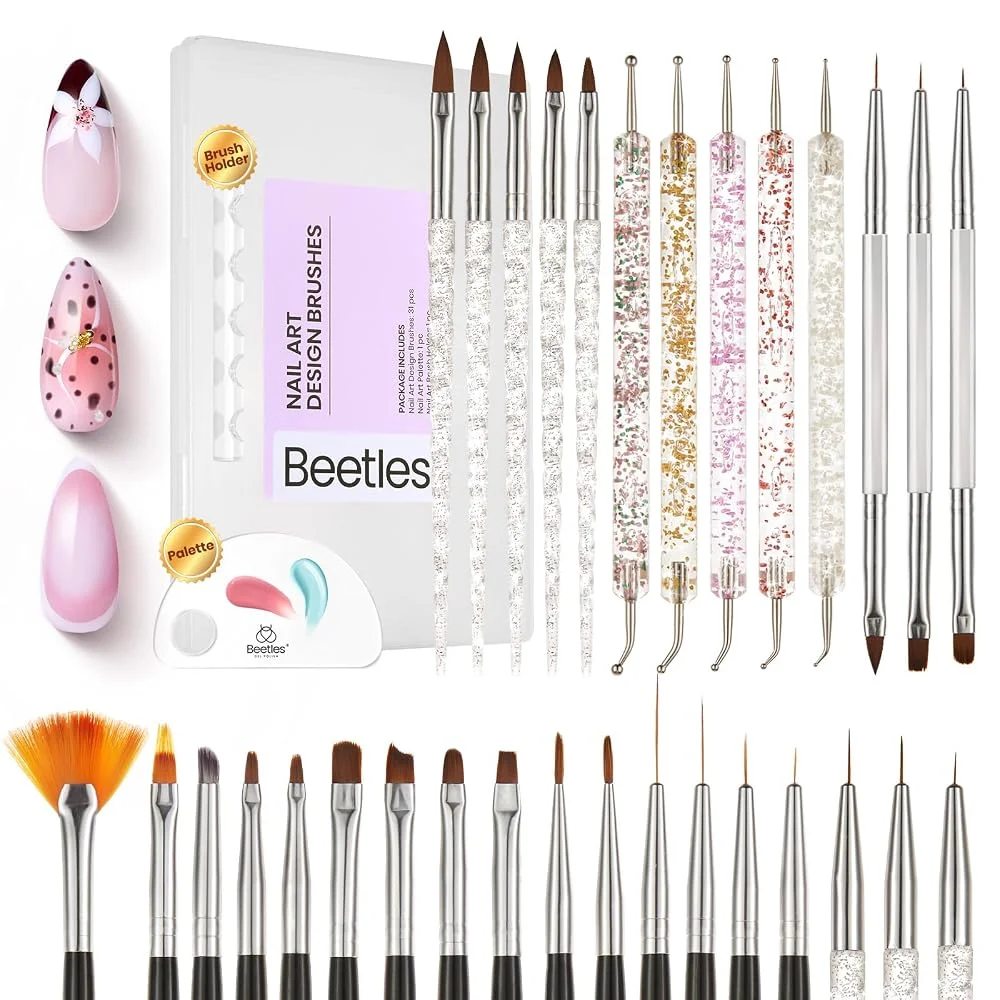 Beetles 31Pcs Nail Art Brush Set with Case, Dual Ended Dotting Tools, Liner Brushes, Palette for Painting and 3D Art
