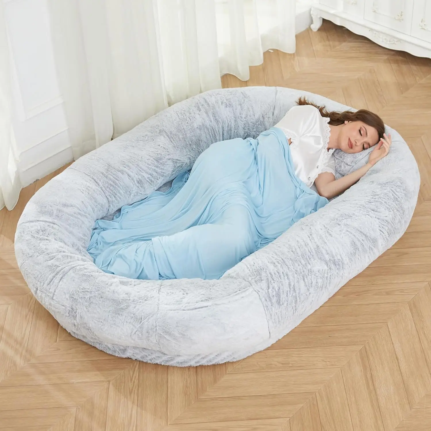 Human-Sized Fluffy Plush Eco-Friendly Dog Bed Large Bean Bag with Blankets Round Shape for Pets