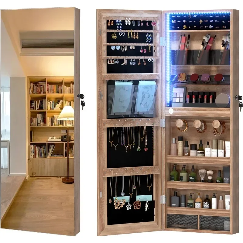 

z Длинное зеркало, подвесное/дверное зеркало, шкаф для ювелирных изделий со светодиодной подсветкой, запираемое, зеркало со шкафом для хранения ювелирных изделий, коричневый