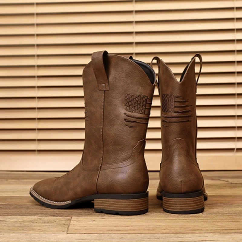 Men Western Cowboy Boots Squar - Embroidery On Leather review and price