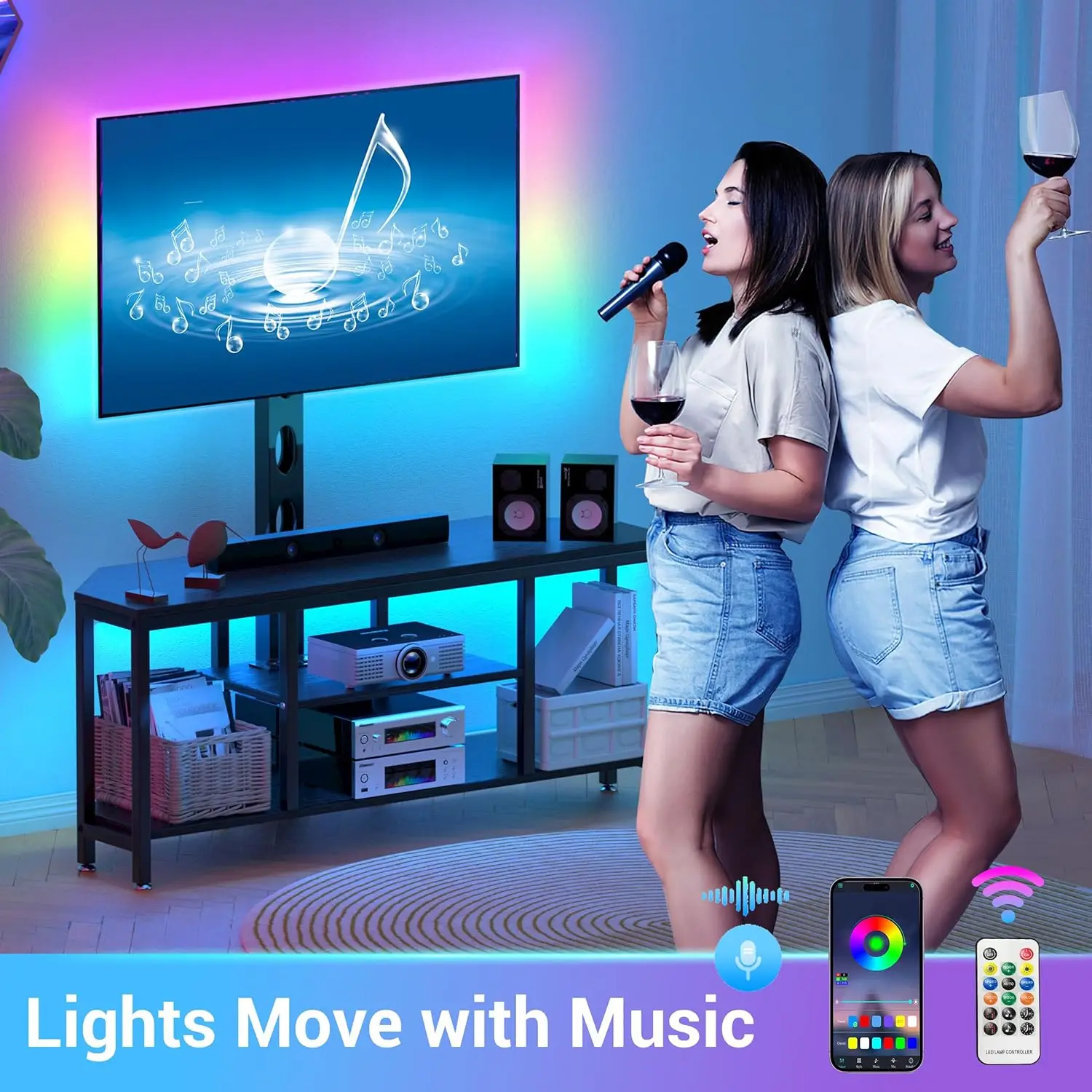 Universal LED TV Mount Stand com LED, Altura Ajustável, Swivel TV Console, Madeira e Aço Entretenimento