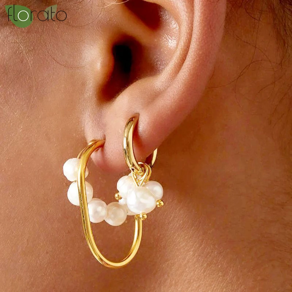 

Women Bohemia Jewelry of Small Hoops Pendant Earring 925 Sterling Silver Needle Fashion Artificial Pearl Earrings Fine Gift