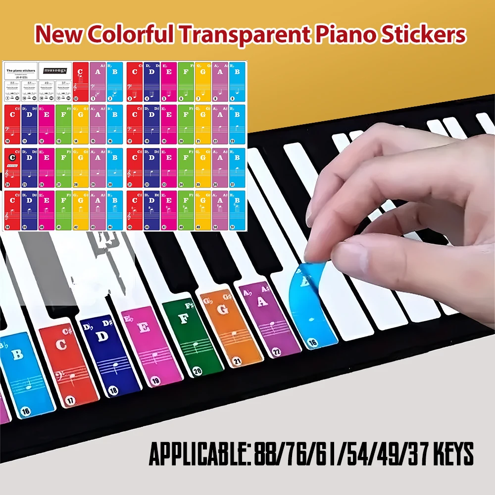 Pegatinas extraíbles para teclado de piano para teclas 88/76/61/54/49/37 para principiantes, pegatinas de notas musicales