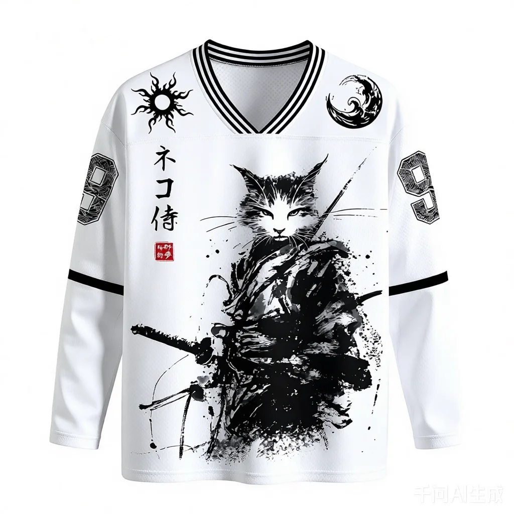 Japanisches Samurai-Katzen 3D-Druck V-Ausschnitt T-Shirt, atmungsaktives, schnelltrocknendes Streetwear Casual Unisex Langarm-T-Shirt für Eltern und Kind