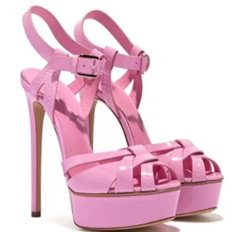 Moda de cabeza redonda para mujeres europeas y americanas, tacones altos, plataforma impermeable, banquete, sandalias de un botón con hebilla