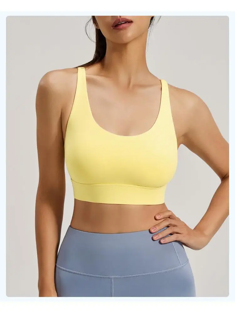 Women Sports Bra with Integrated Cup Padding Crisscross Thin Mesh Straps High Support Workout Yoga Running Athletic Bra
