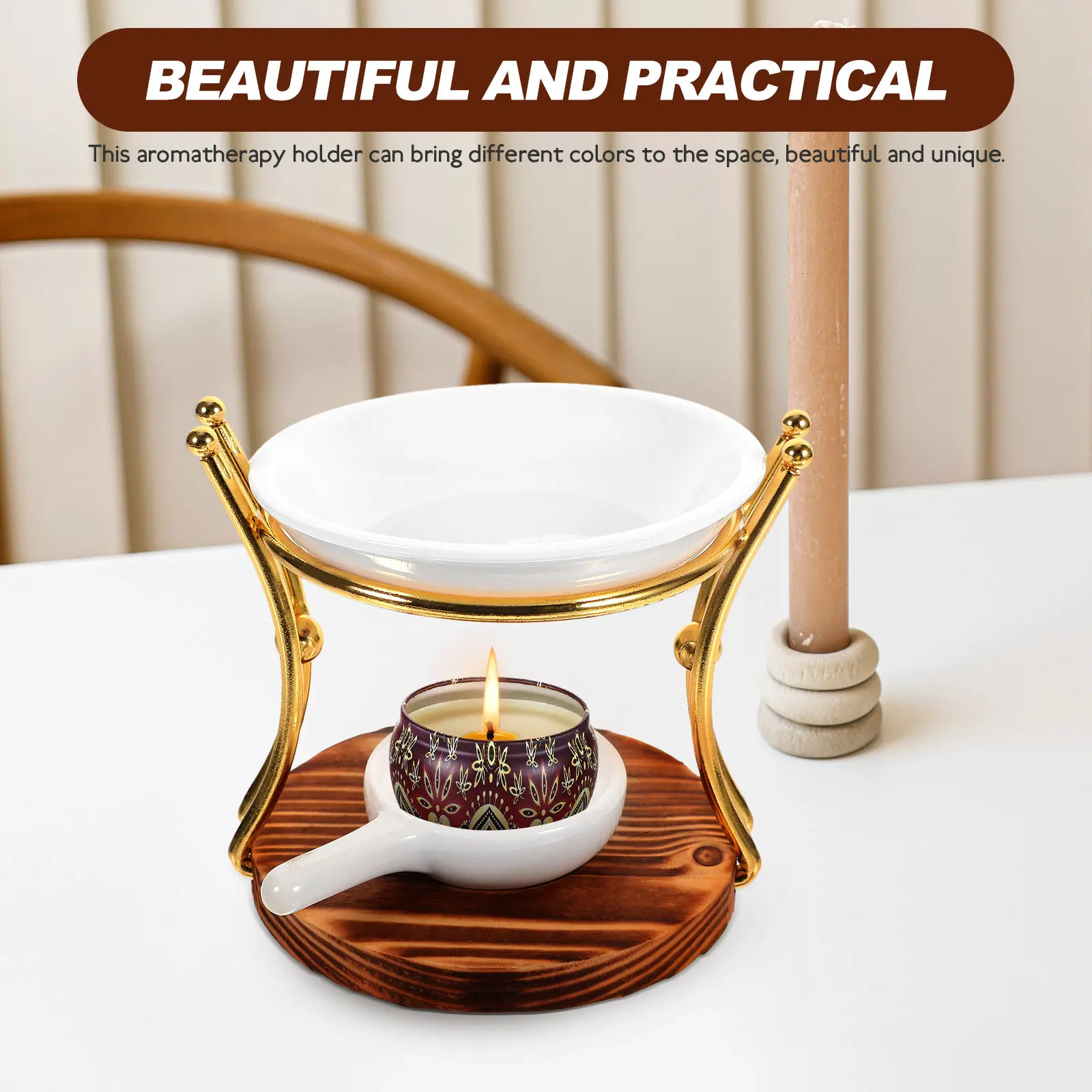1Set Wooden Base Ceramic Top Iron Frame Essential Oil Burner Tealight Wax Warmer Aroma Diffuser Incense Burner Decorative