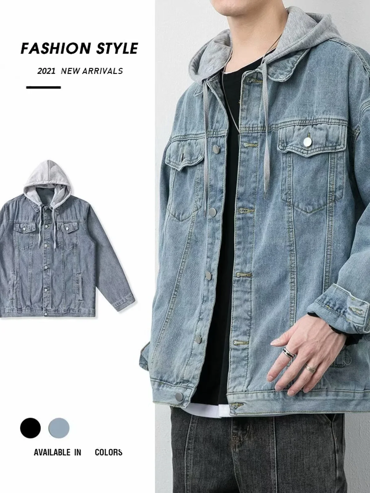ex Casual coupe ample à capuche Denim Jaet printemps automne col rabat Long Sve vêtements d'extérieur Faionable jeunesse Sle Stand...