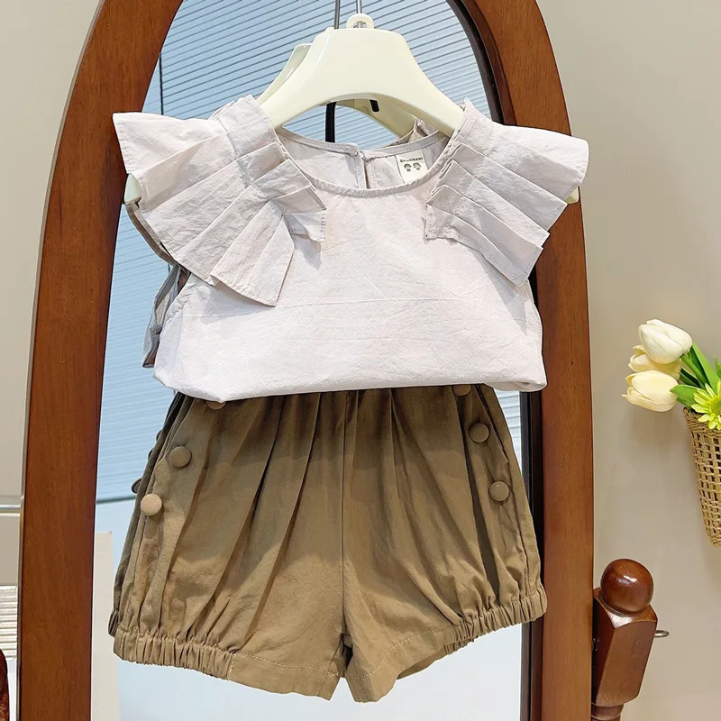 

2024New Girls' Shorts Suit Summer Fashionable Stylish Flying Sleeves Top Two-Piece Suit Fashionable Hair Generation