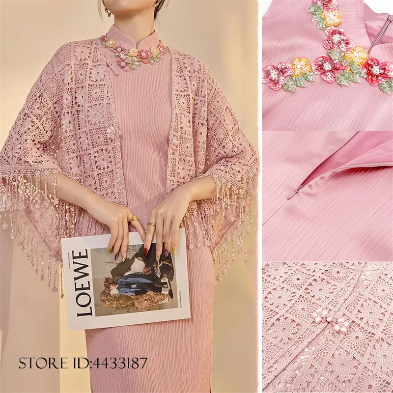 Elegant Pink Silk Satin Long Qipao Eastical Clothes Summer Chinese Style Women's Dress Cheongsam Sexy Flower Lace Trim Vestidos