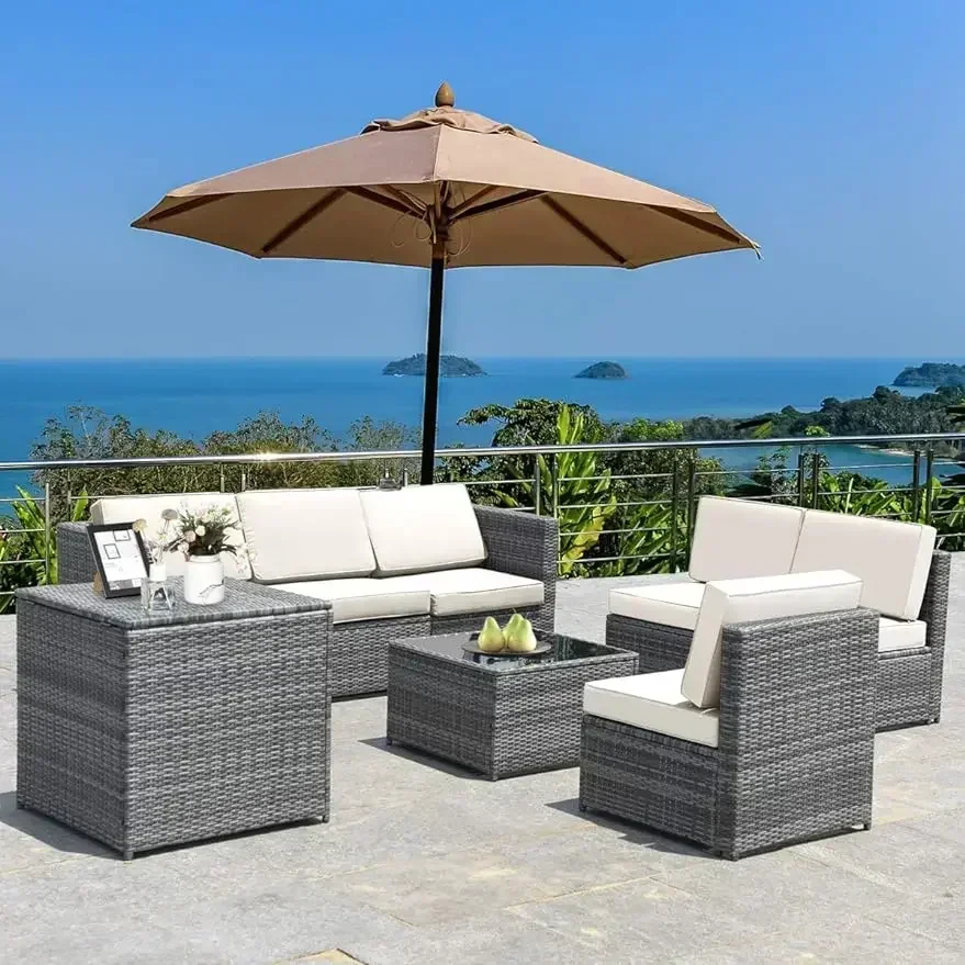 8 PCS Outdoor Patio Furniture Set,Rattan Wicker Sofa Set, Sectional  Couch Set,Storage Table and 12 Zippered Cushions for Garden