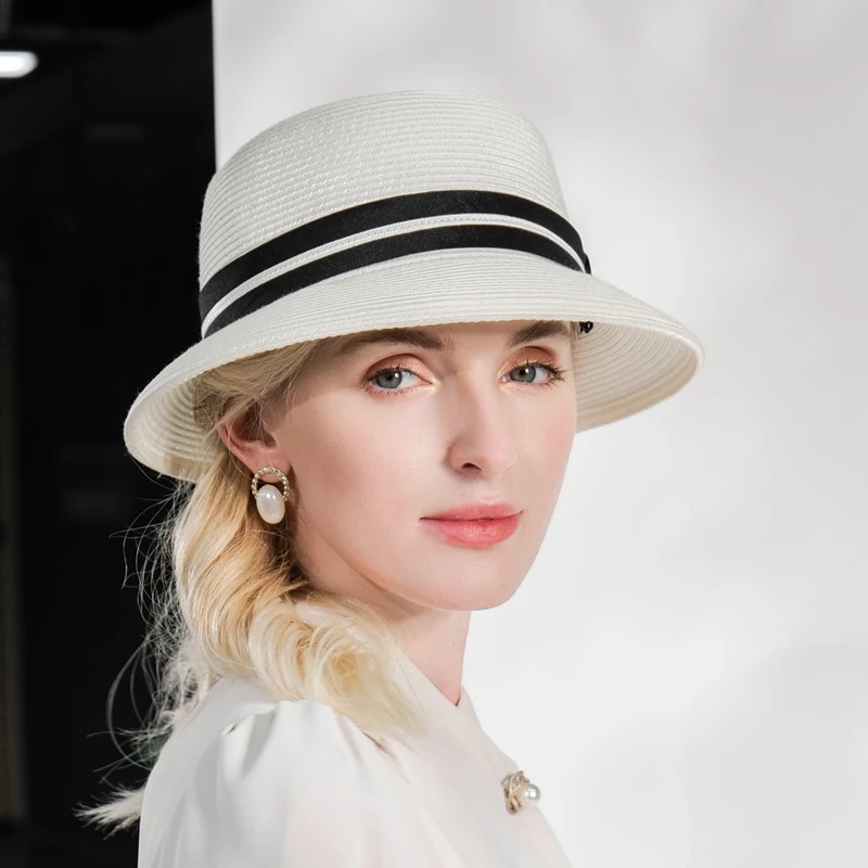 X4155 Lady Travel Hat Wide Brim Sun Cap Women Sun Cap Protection Summer Fedora Hats Women Sun Hat Summer Trend White Straw Hat