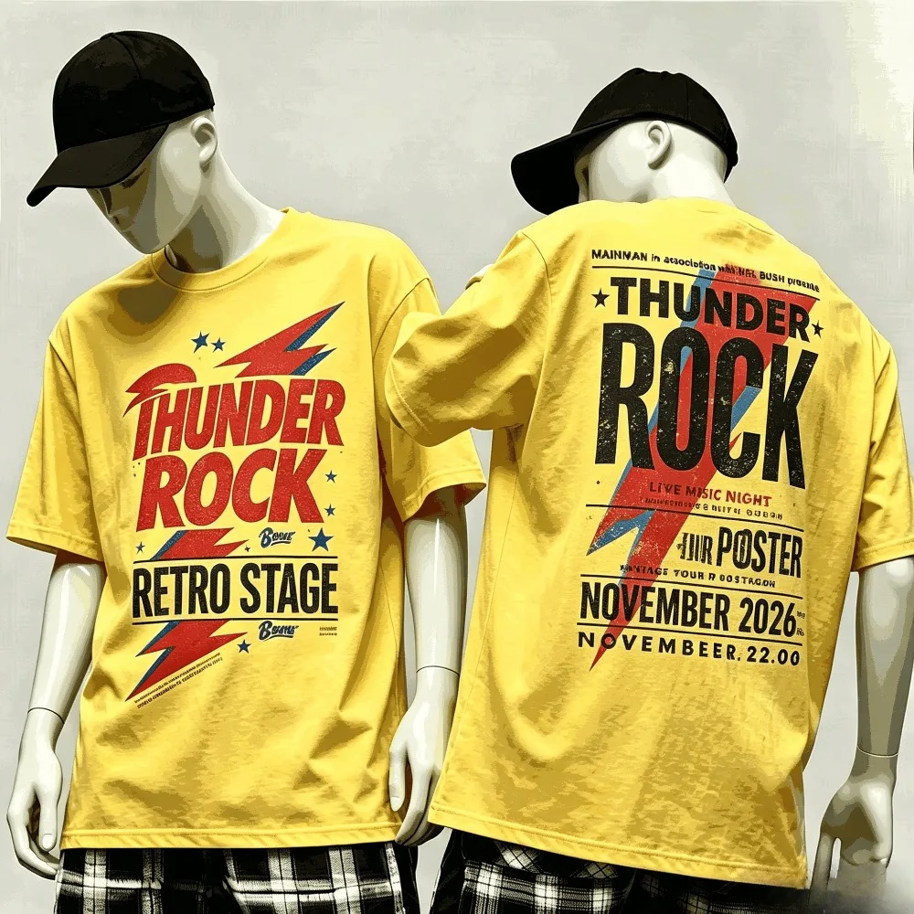 Vintage Thunder Lightning Rock Poster Double Sided Graphic Men T-Shirt Retro Distressed Music Casual Short Sleeve Tee