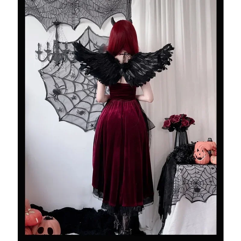 Cospaly Dark Gothic Halloween Sexy Lace Dovetail Halter Dress Dovetail Witch Demon Vampire Ghost Bridal Dress