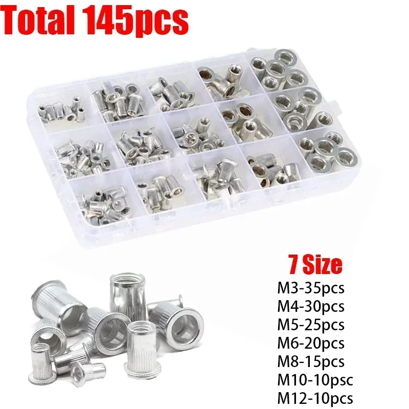 145Pcs M3/M4/M5/M6/M8/M10/M12 리벳 너트 알루미늄 합금 헤비 듀티 스레드 인서트 너트 너트 리벳 리베터 리벳팅 너트 도구