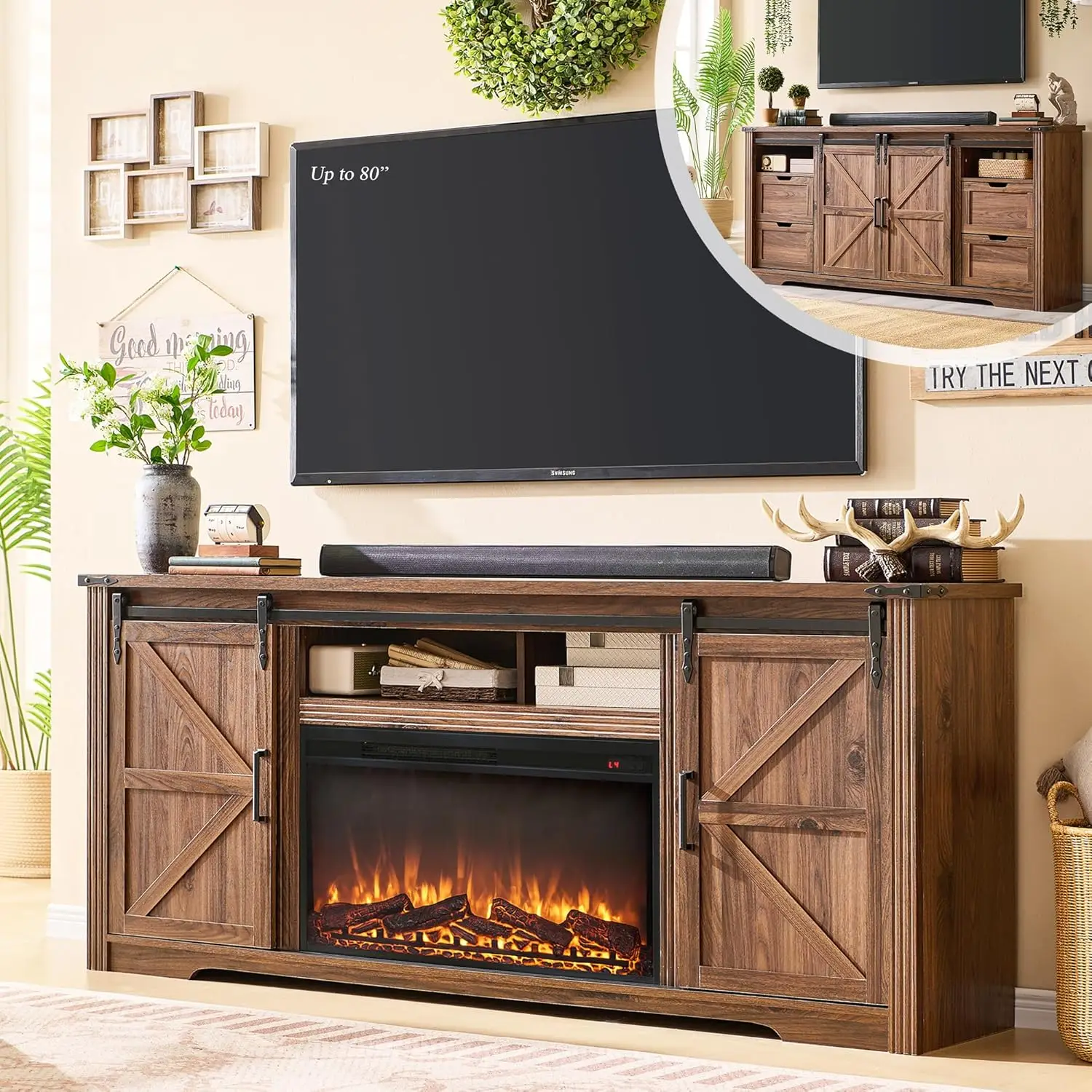 

JXQTLINGMU Farmhouse Fireplace TV Stand for 80 Inch TV, 32" Tall Entertainment Center w/Drawer & Sliding Barn Door, 70 Inch High