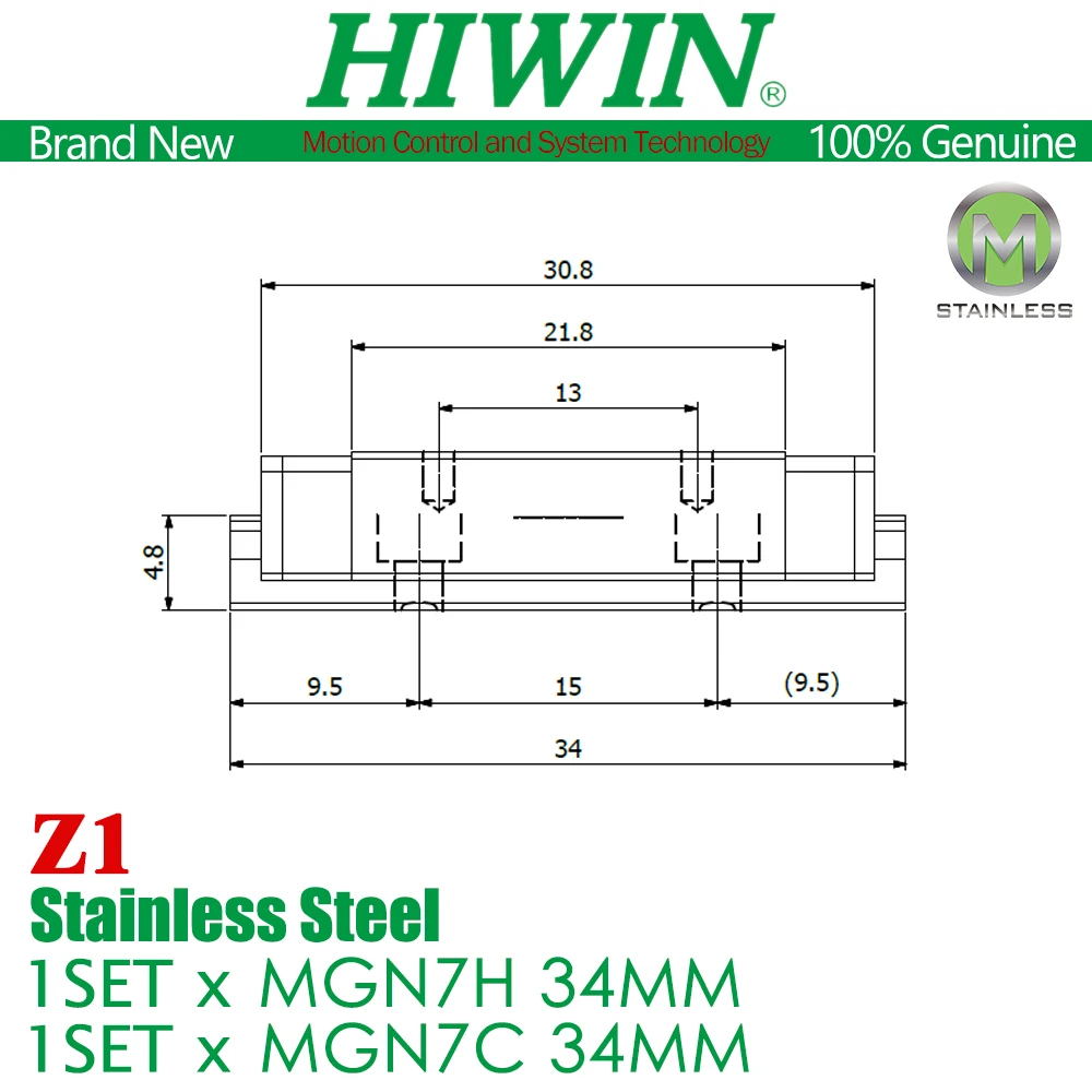 Original HIWIN MGN7H MGN7C Rail 34MM Z1 Preload Stainless Steel Linear Rail HIWIN Linear Rail Carriage 3D Printer No Backlash