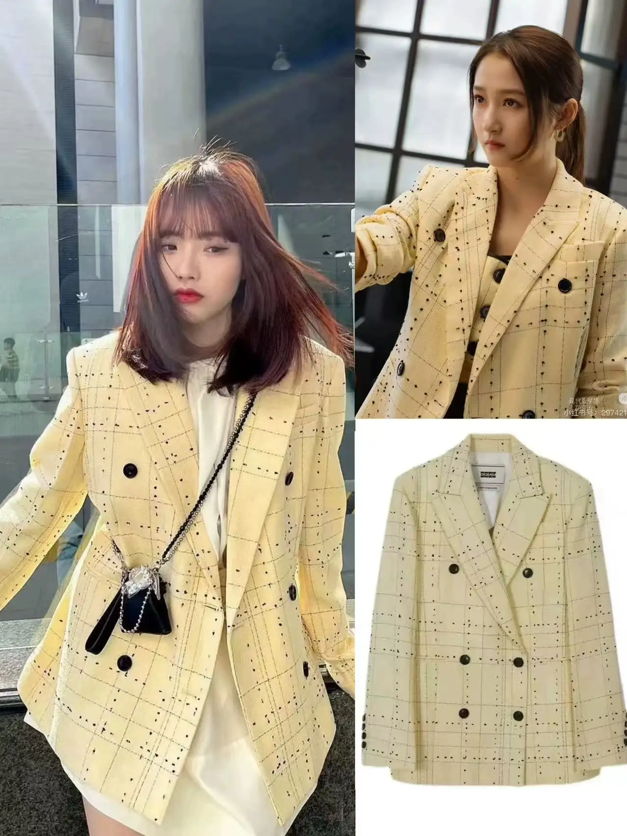 

EenK Yellow Plaid Double Breasted Suit Jaet Luxury mat Sle Casual Wear Polyester Fiber Warm Long Sve Coat