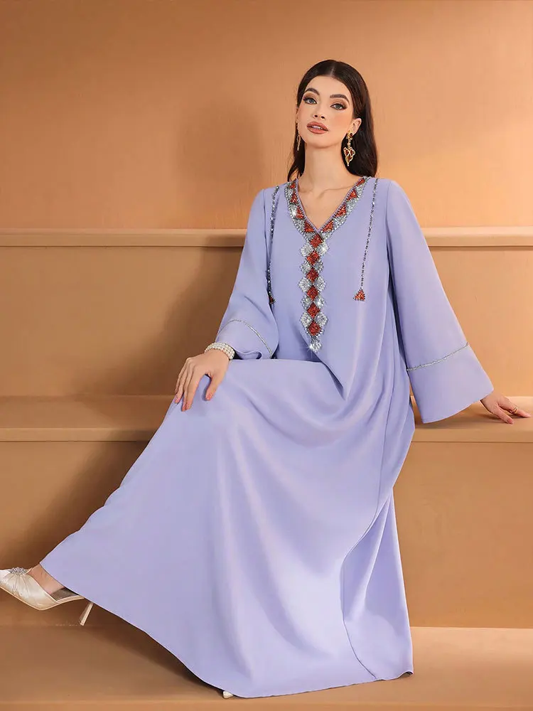 New Muslim Abayas for Women Light Luxury Dubai Indian Dress Fashion Embroidery Long Sleeves Dress Muslim Temperament Gauze Dress