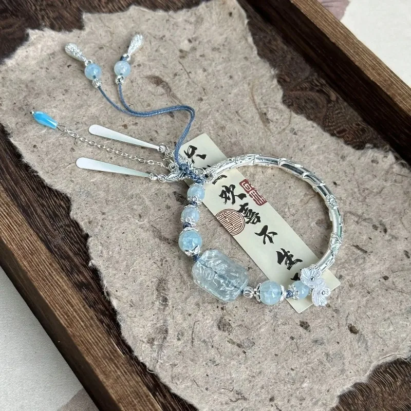 새로운 중국 스타일 태슬 블루 비즈 롱 펜던트 팔찌 여성용 궁정 스타일 팔찌 기품 있는 팔찌 패션 주얼리