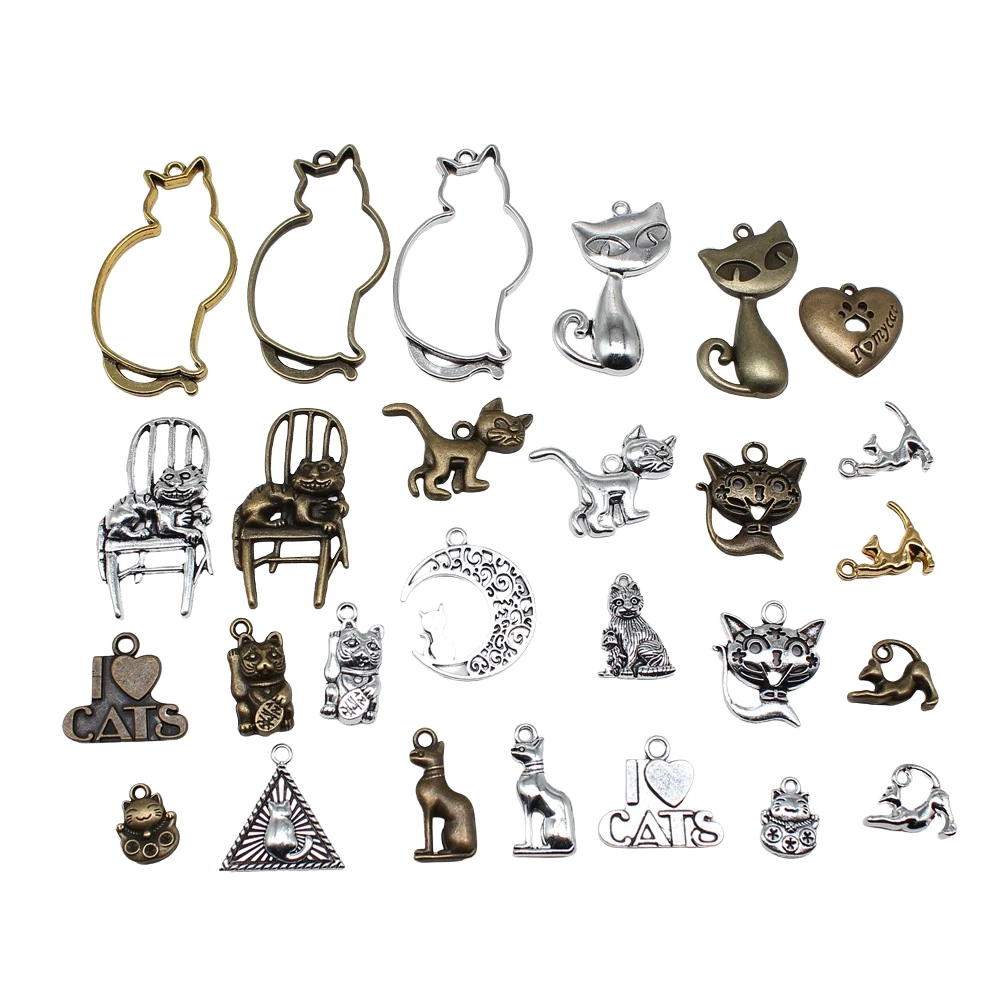 10pcs Charms Cute Cat Tibetan Bronze Silver Color Animal Pendants Antique Jewelry Making DIY Handmade Craft