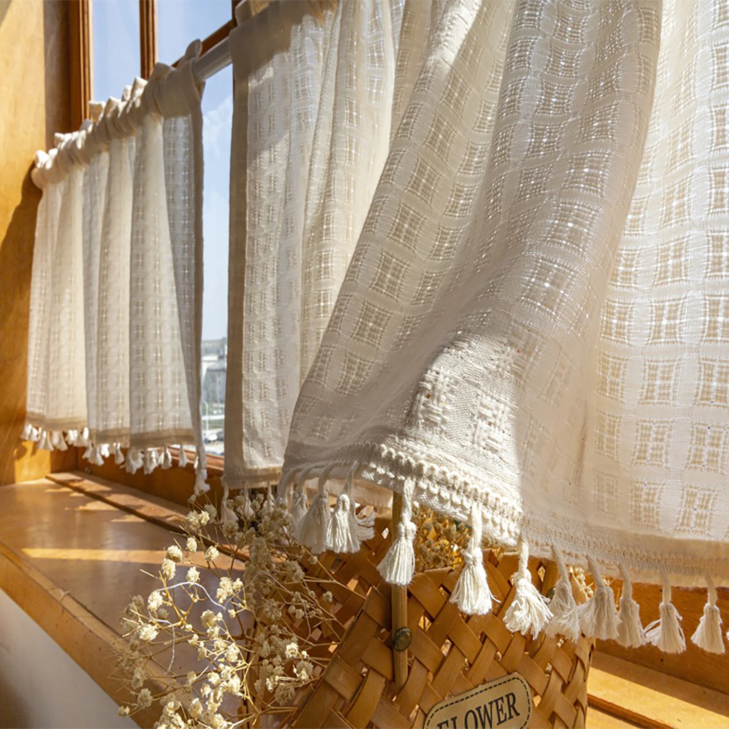 Retro Lattice Tassel Short Curtains Faux Linen Textured Semi Sheer Curtain Valance Cafe Farmhouse Cupboard Small Window Curtain