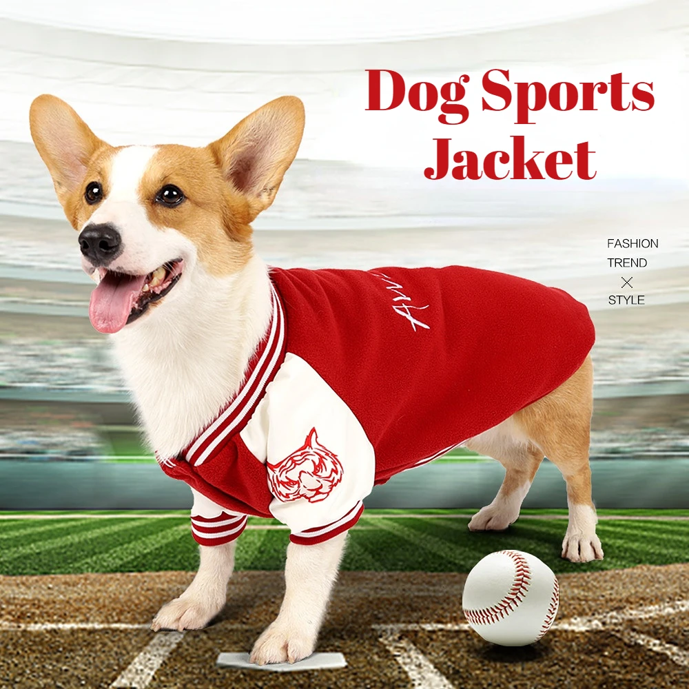 Small and Medium Dog Clothes Warm Pet Costume Corgi Red Black Baseball Sweater Hoodie Velvet Sports Dog Jersey Awesome Number 8