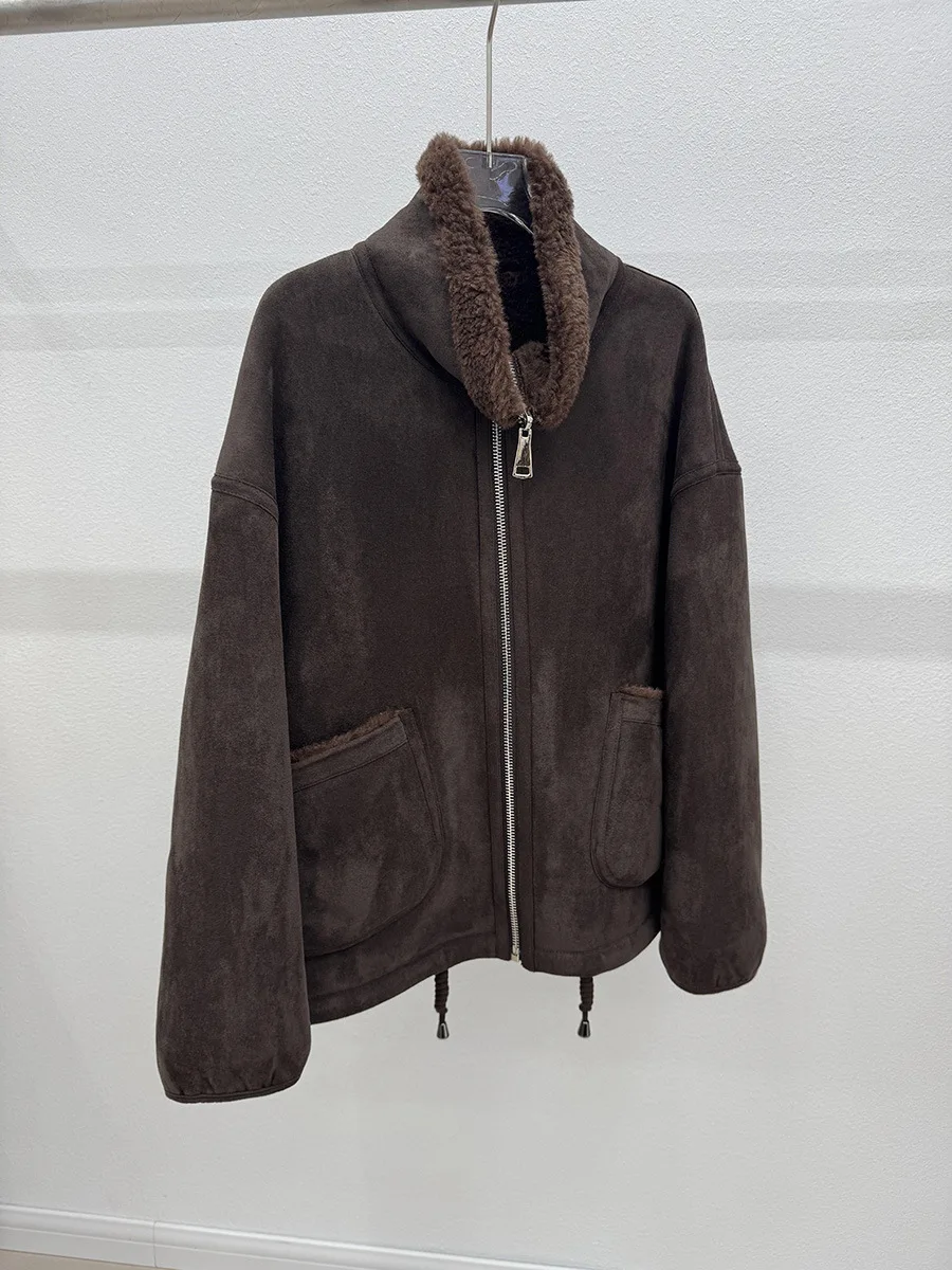 เสื้อโค้ทขนสัตว์เทียมแบบกลับด้านได้ แฟชั่นฤดูหนาว ผ้าวูลและหนังกลับ