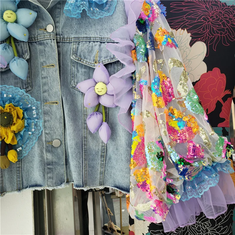 Streetwear Ruffles Splicing Hollow Out Sequins Mesh Sleeve Denim Jacket Women Cowboy Outerwear Loose Short Jeans Jacket Female