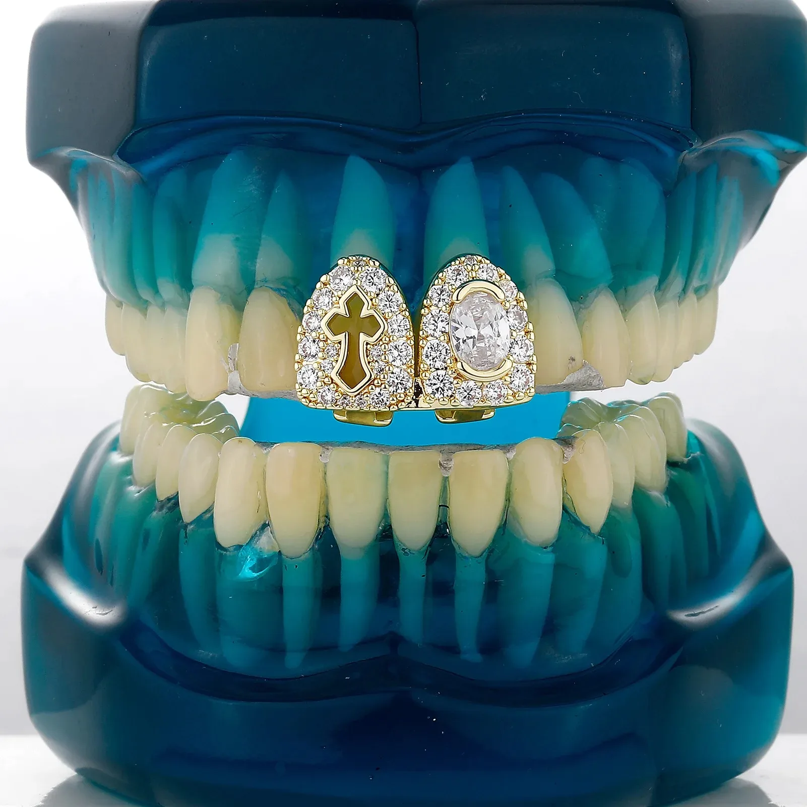 Herren Hip-Hop Doppelzahn Vollbesetzter Hohlkreuz CZ Grillz Ober- & Unterkiefer Glänzender Einzelgrill für Punk-Rapper Weihnachtsgeschenk – Detail 3