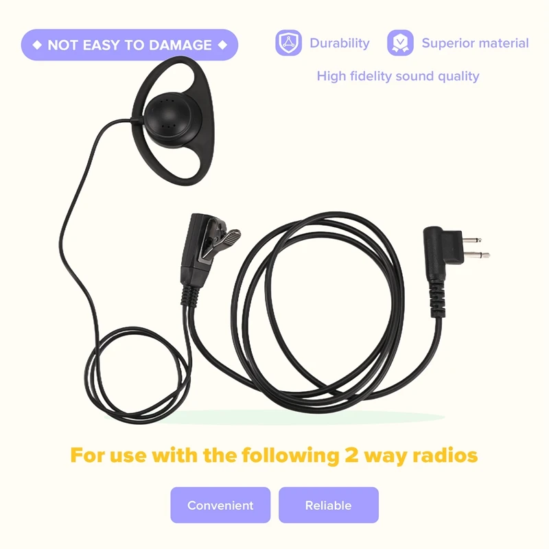 2 Pin Advanced D Shape Clip-Ear Ptt Headset Earpiece Mic For 2 Way Radios GP88S-DTD2