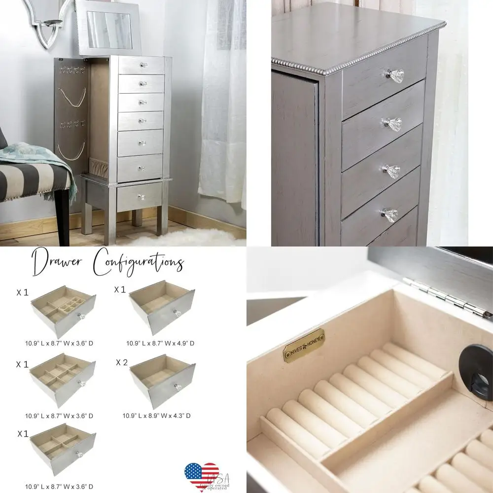 

Серебряный органайзер для хранения с разделенными ящиками и крючками - дизайн во французском стиле с элегантными ручками - бархатная подкладка с защитой от потускнения